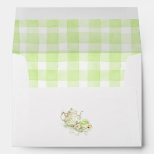 Floral Teapot Cup Of Tea Green Bow Gingham Envelope
