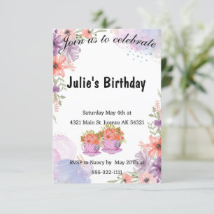 Floral teapot lavender birthday invitation