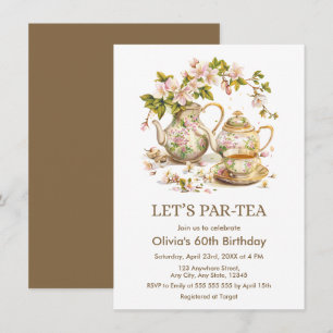 Floral Teapot Let's Par Tea 60th Birthday Invitation