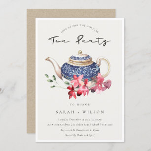 Floral Teapot Red Blue Holiday Tea Party Invite