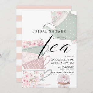 Floral Teapot & Tea Cups Pink Bridal Shower Invitation