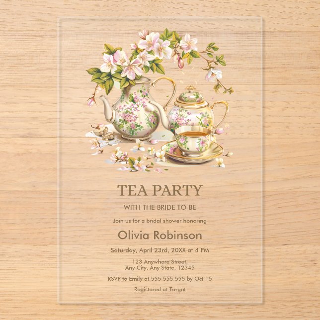 Floral Teapot Tea Party Bridal Shower  Acrylic Invitations (Front)
