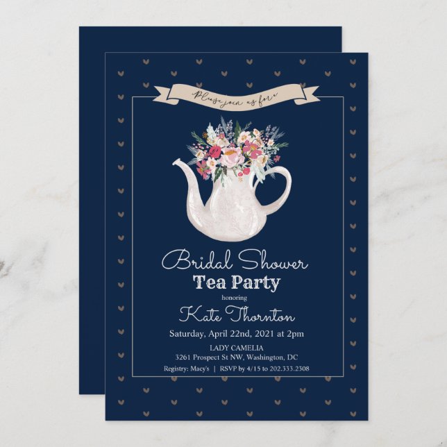Floral Teapot Tea Party Bridal Shower Invitation (Front/Back)