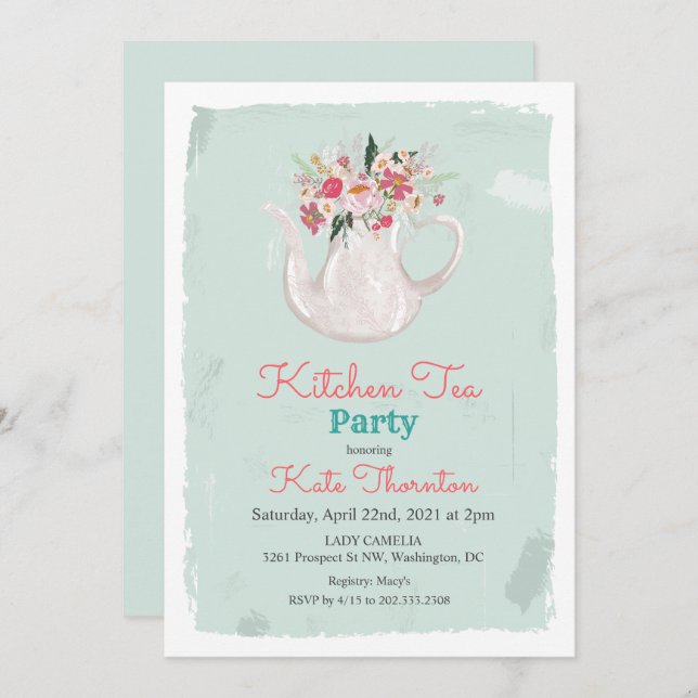 Floral Teapot Tea Party Kitchen Tea Invitation (Front/Back)