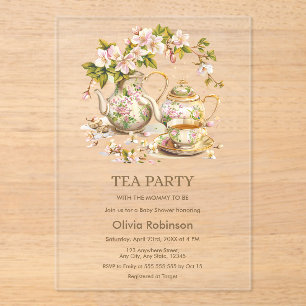 Floral Teapot Tea Party Time for Tea Baby Shower  Acrylic Invitations