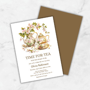 Floral Teapot Time for Tea Baby Shower Invitation