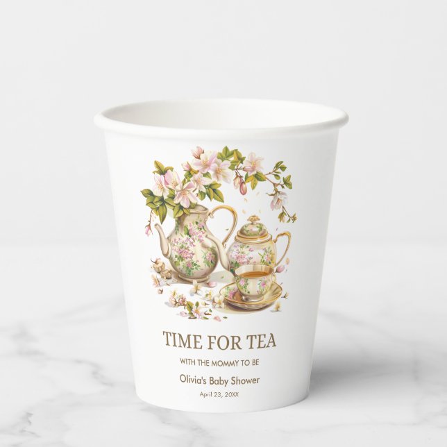 Floral Teapot Time for Tea Baby Shower  Paper Cups (Front)
