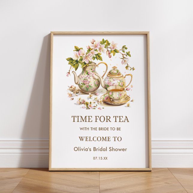 Floral Teapot Time for Tea Bridal Shower Welcome  Poster (Floral Teapot Time for Tea Bridal Shower Welcome Sign )