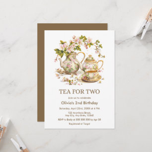Floral Teapot Time for Two 2nd Birthday Invitation