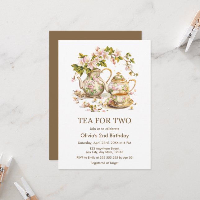Floral Teapot Time for Two 2nd Birthday  Invitation (Front/Back In Situ)