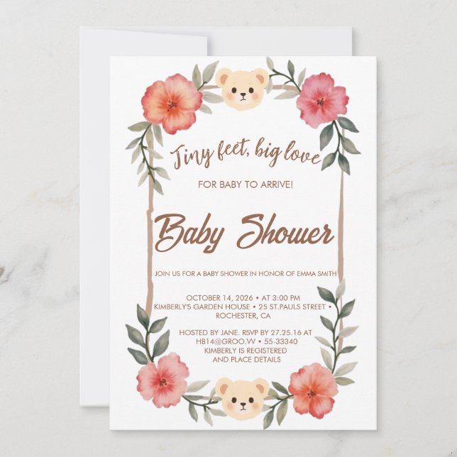  Floral Teddy Bear Baby Shower Invitation Neutral  (Front)