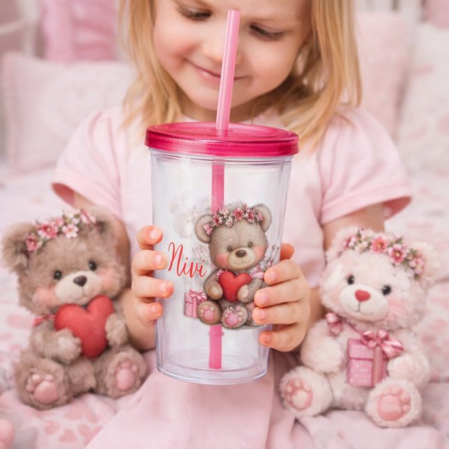 Floral Teddy Bear Holding Heart Acrylic Tumbler (Creator Uploaded)