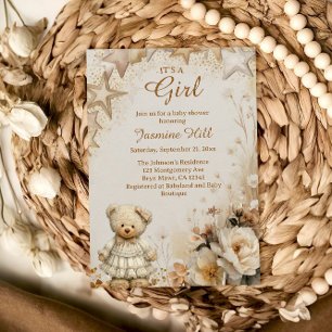 Floral Teddy Bear It’s a Girl Baby Shower Invitation