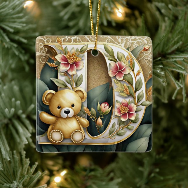 FLoral Teddy Bear letter D Ceramic Ornament (Tree)