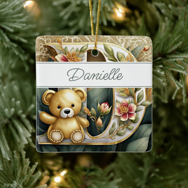 FLoral Teddy Bear letter D personalised Ceramic Ornament (Tree)