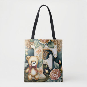 FLoral Teddy Bear letter F Tote Bag