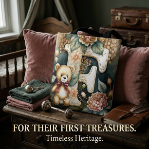 FLoral Teddy Bear letter F Tote Bag