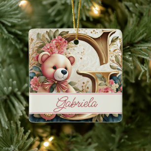 FLoral Teddy Bear letter G personalised Ceramic Ornament