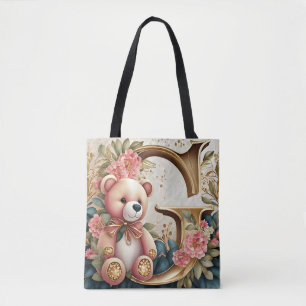 FLoral Teddy Bear letter G Tote Bag