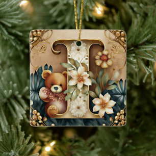 FLoral Teddy Bear letter I Ceramic Ornament