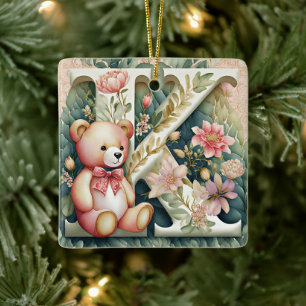 FLoral Teddy Bear letter K Ceramic Ornament