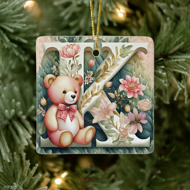 FLoral Teddy Bear letter K Ceramic Ornament (Tree)