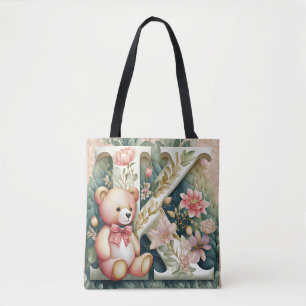FLoral Teddy Bear letter K Tote Bag