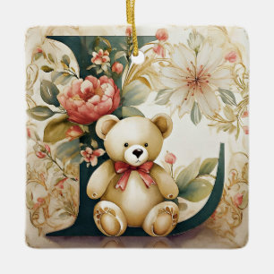 FLoral Teddy Bear letter L Ceramic Ornament