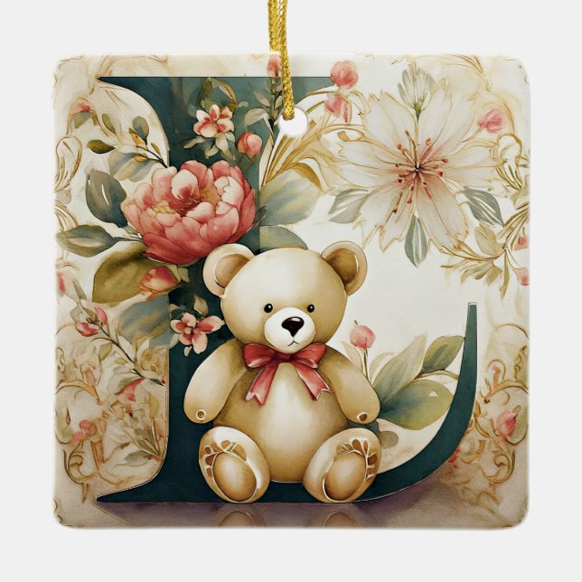 FLoral Teddy Bear letter L Ceramic Ornament (Front)