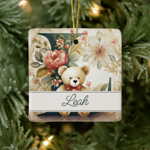 FLoral Teddy Bear letter L personalised Ceramic Ornament