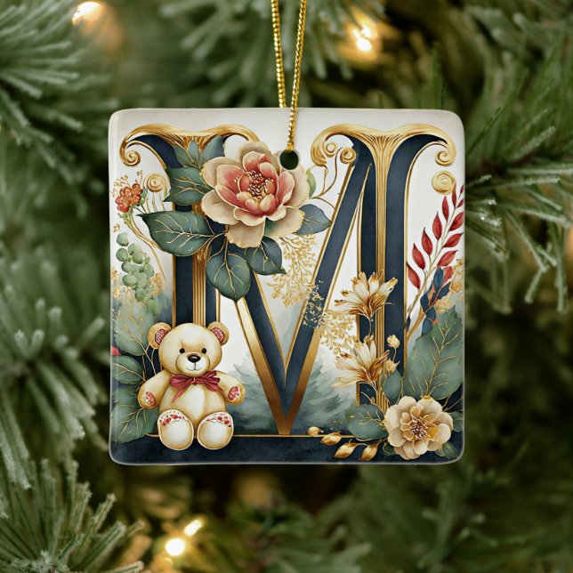 FLoral Teddy Bear letter M Ceramic Ornament (Tree)