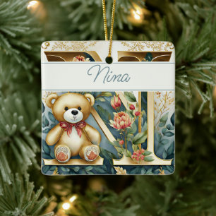 FLoral Teddy Bear letter N personalised Ceramic Ornament