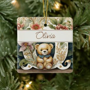 FLoral Teddy Bear letter O personalised Ceramic Ornament
