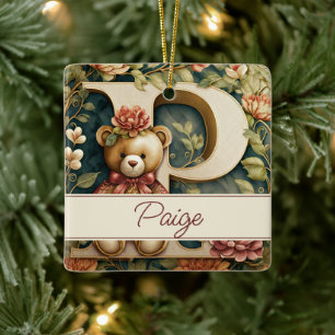 FLoral Teddy Bear letter P personalised Ceramic Ornament
