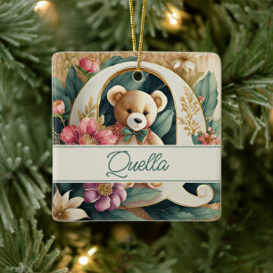 FLoral Teddy Bear letter Q personalised Ceramic Ornament