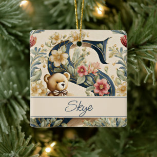 FLoral Teddy Bear letter S personalised Ceramic Ornament
