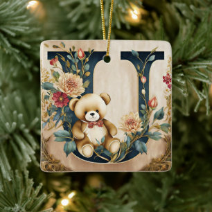 FLoral Teddy Bear letter U Ceramic Ornament