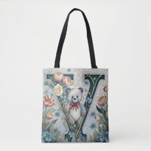 FLoral Teddy Bear letter V Tote Bag