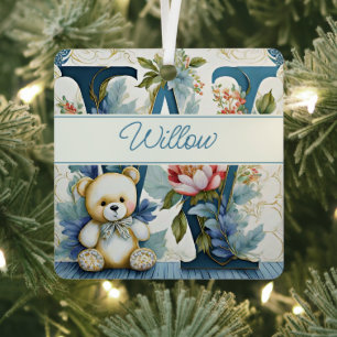 FLoral Teddy Bear letter W personalised Metal Tree Decoration