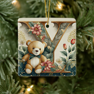 FLoral Teddy Bear letter Y Ceramic Ornament