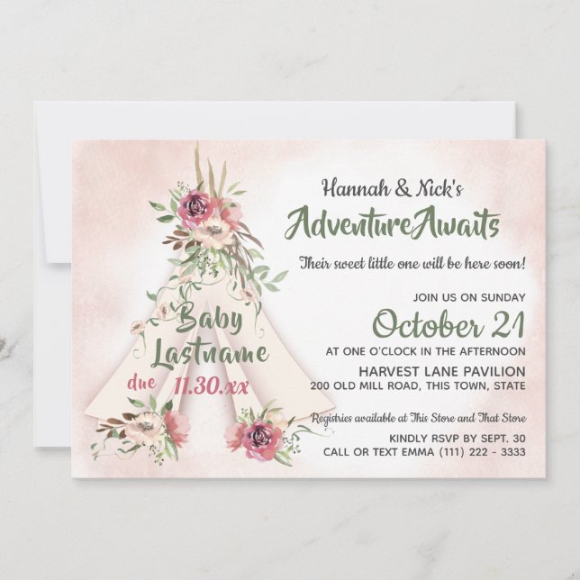 Floral Teepee Boho Adventure Awaits Baby Shower  I Invitation (Front)