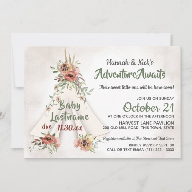 Floral Teepee Boho Adventure Awaits Baby Shower  I Invitation (Front)
