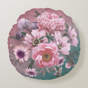 Floral template. Beautiful flowers peonies and iri Round Cushion