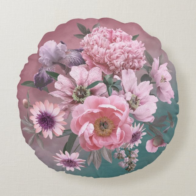Floral template. Beautiful flowers peonies and iri Round Cushion (Front)