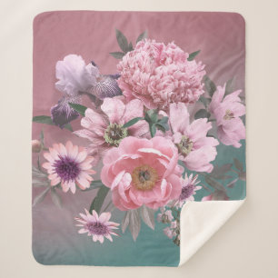Floral template. Beautiful flowers peonies and iri Sherpa Blanket