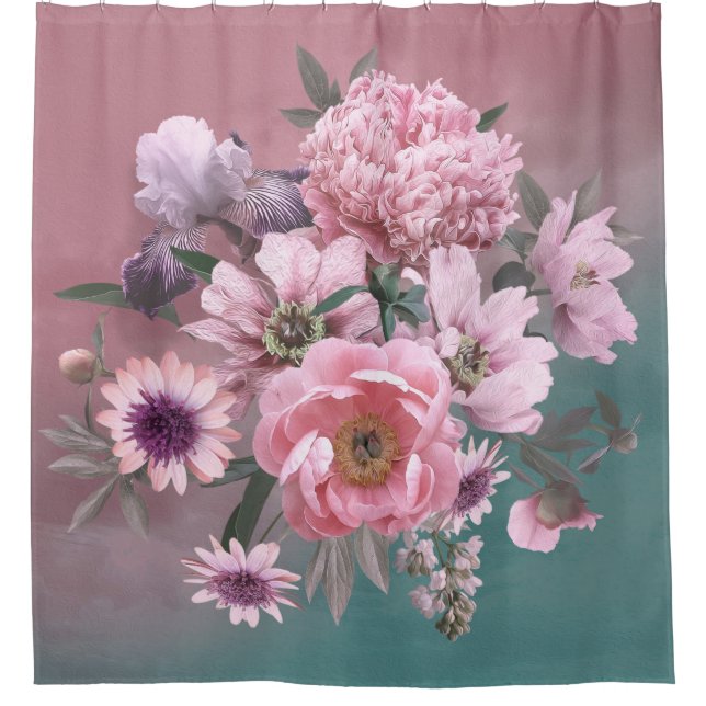Floral template. Beautiful flowers peonies and iri Shower Curtain (Front)