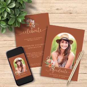 Floral Teracotta Boho Arch Photo Graduation Invitation