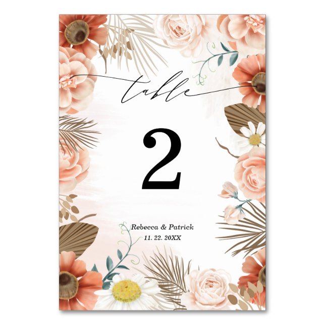 Floral Terracotta Rustic Boho Wedding Table Number (Front)