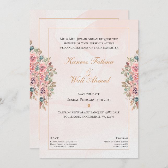 Floral & Textured Islamic Muslim Wedding I Invitation (Front/Back)