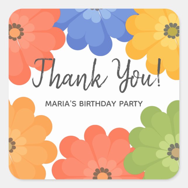 Floral Thank You Birthday Party Square Sticker (Front)